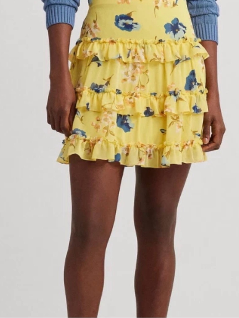 NWT Lauren Ralph Lauren Yellow Floral Ruffle A-line Womens Skirt Size 8 $145